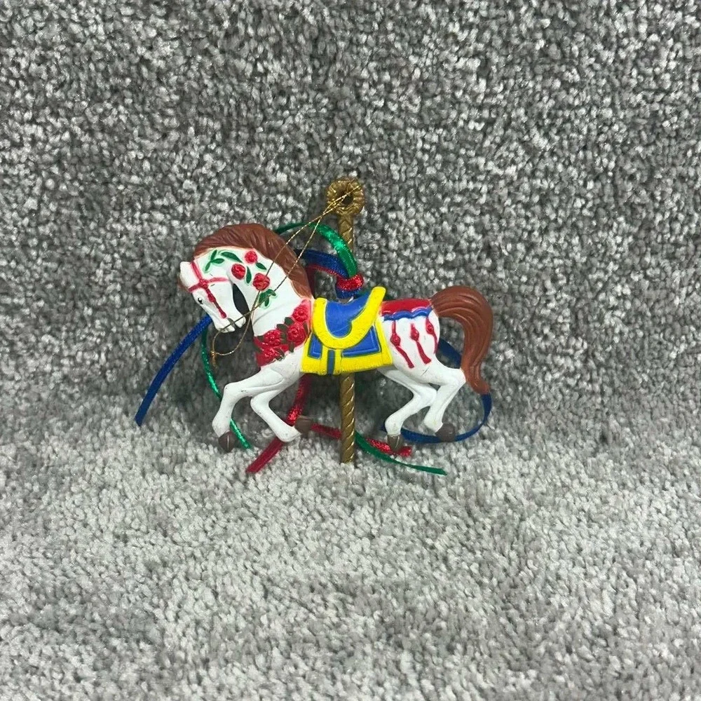 Carousel Horse Ornament White Red Rose Ribbon Vintage Style